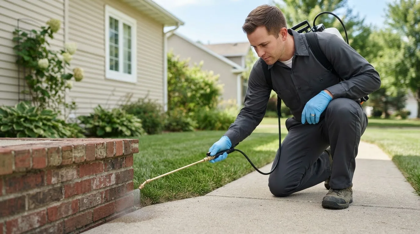 Pest control technician treating a home near Elliott, IA