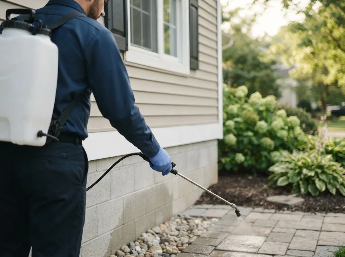 Pest control technician inspecting a home in Elliott, IA